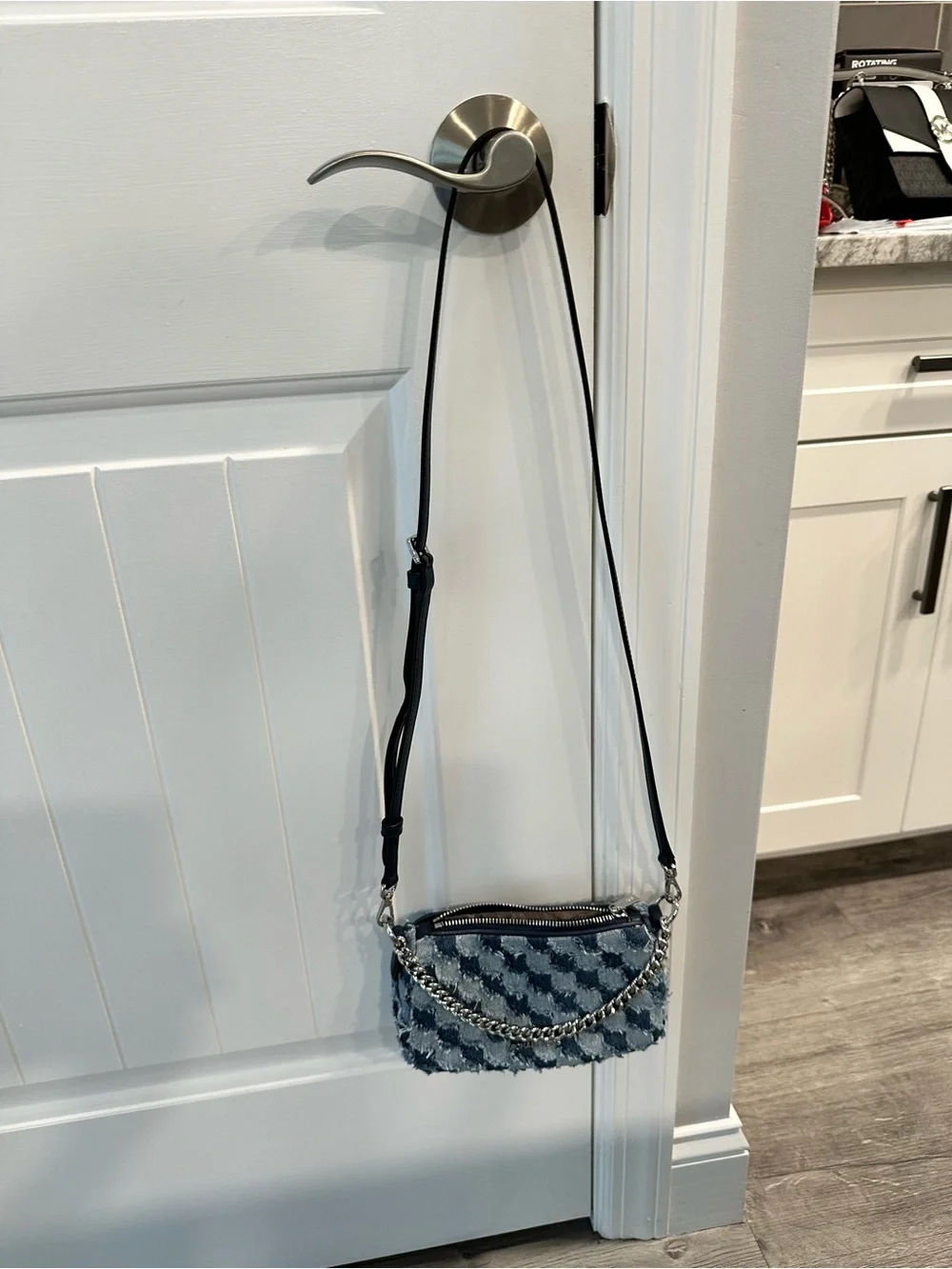 Michael Kors Blue Denim Houndstooth Chain-Trim Crossbody